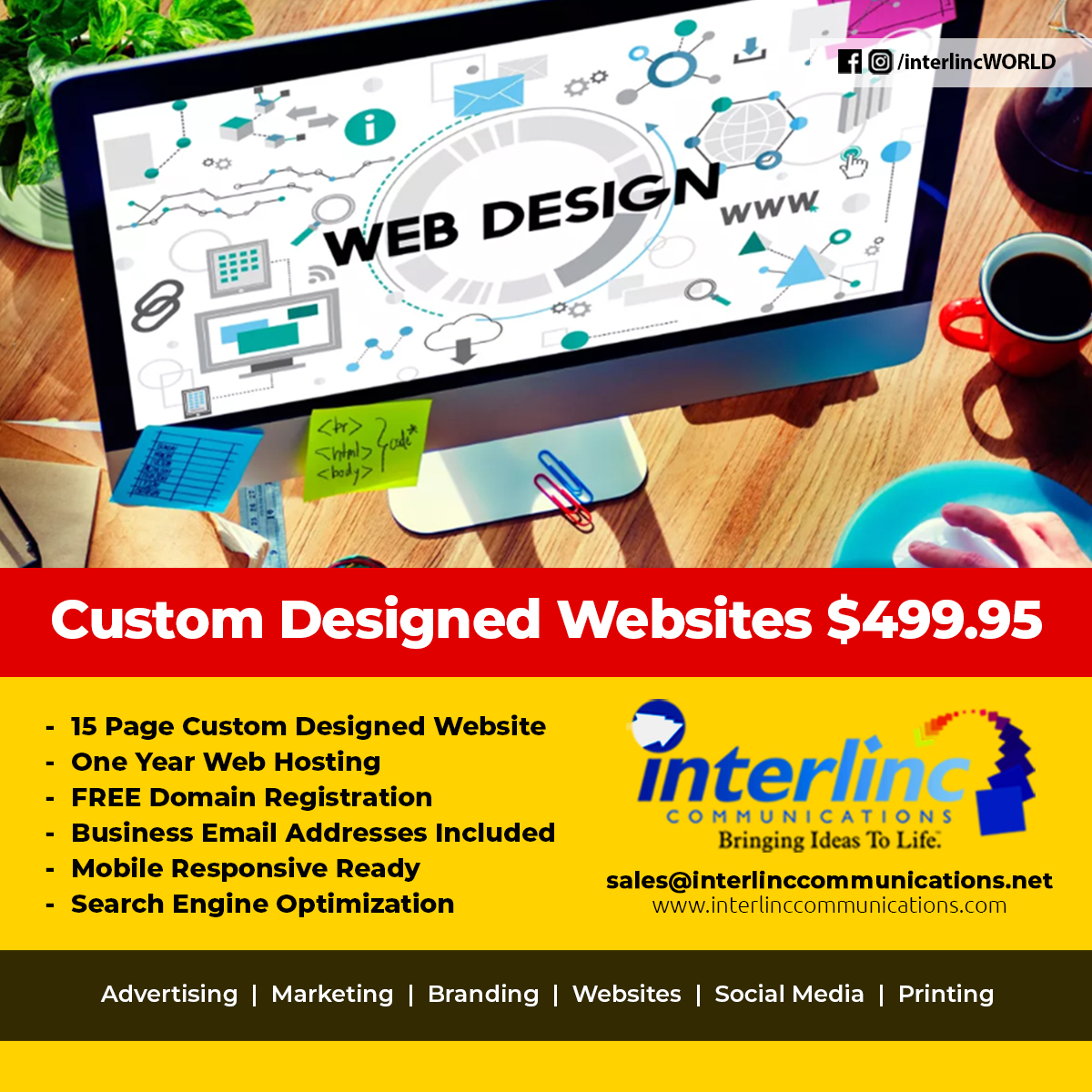 Custom designed websites are now just $499.95! Perfect for small businesses looking for the creative edge to boost their online presence. 15-pages, custom designed & developed, one year of web-hosting included, FREE domain registration and business email address. One all-inclusive package designed to super-charge your marketing.