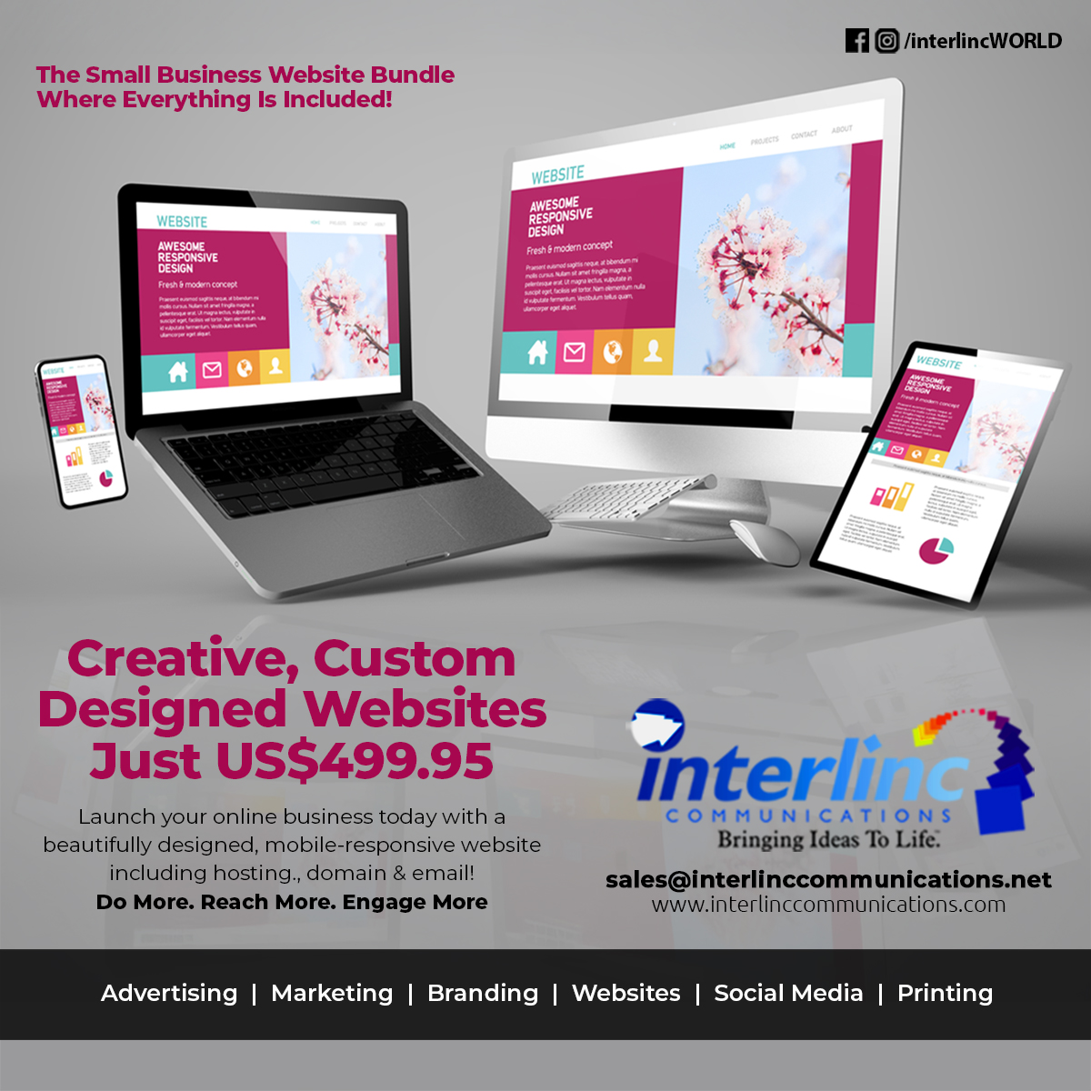 Designed with the needs of Small Business in mind, this package is feature-rich, yet extremely affordable. We’ve included everything you’ll need to effectively and professionally market your business online. Priced at only US$499.95 it includes Web Design, Hosting for 12 months, Domain Registration and Email Addresses @yourdomain.