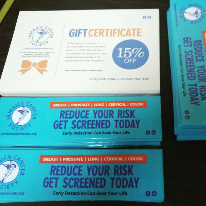 Bookmarkers and Gift Certificates printed for the Jamaica Cancer Society