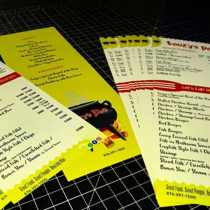 Water, oil and tear resistant menu design and print for restaurant